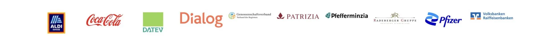 Kundenlogos: ALDI Suisse, Coca-Cola, DATEV, Dialog, Genossenschaftsverband, PATRIZIA, Pfefferminzia, Radeberger Gruppe, Pfizer, Volksbanken Raiffeisenbanken